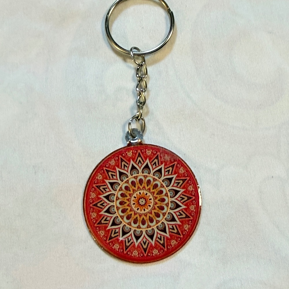 Red Mandala Keychain Circle Pendant Geometric Sunburst Boho Bag Charm Silver